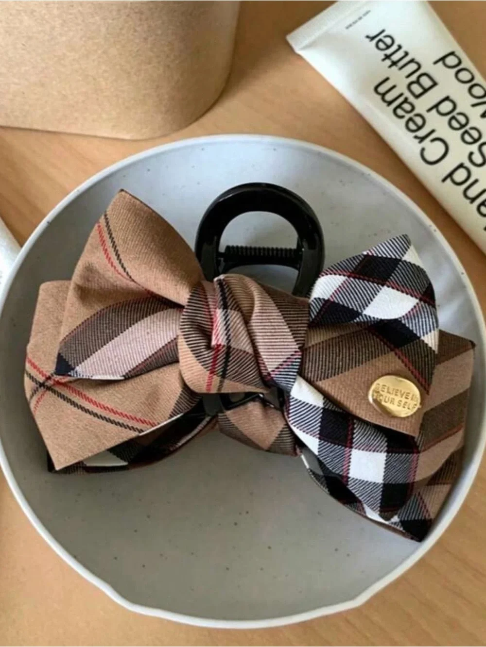 Plaid Bow Hair Claw Clip - Beige Brown